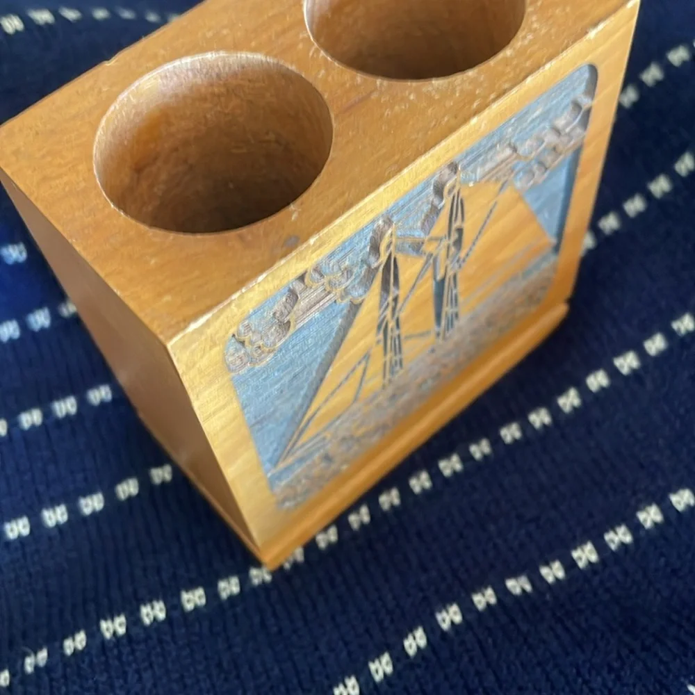 Wood carved Pencil Holder with Ship Motif